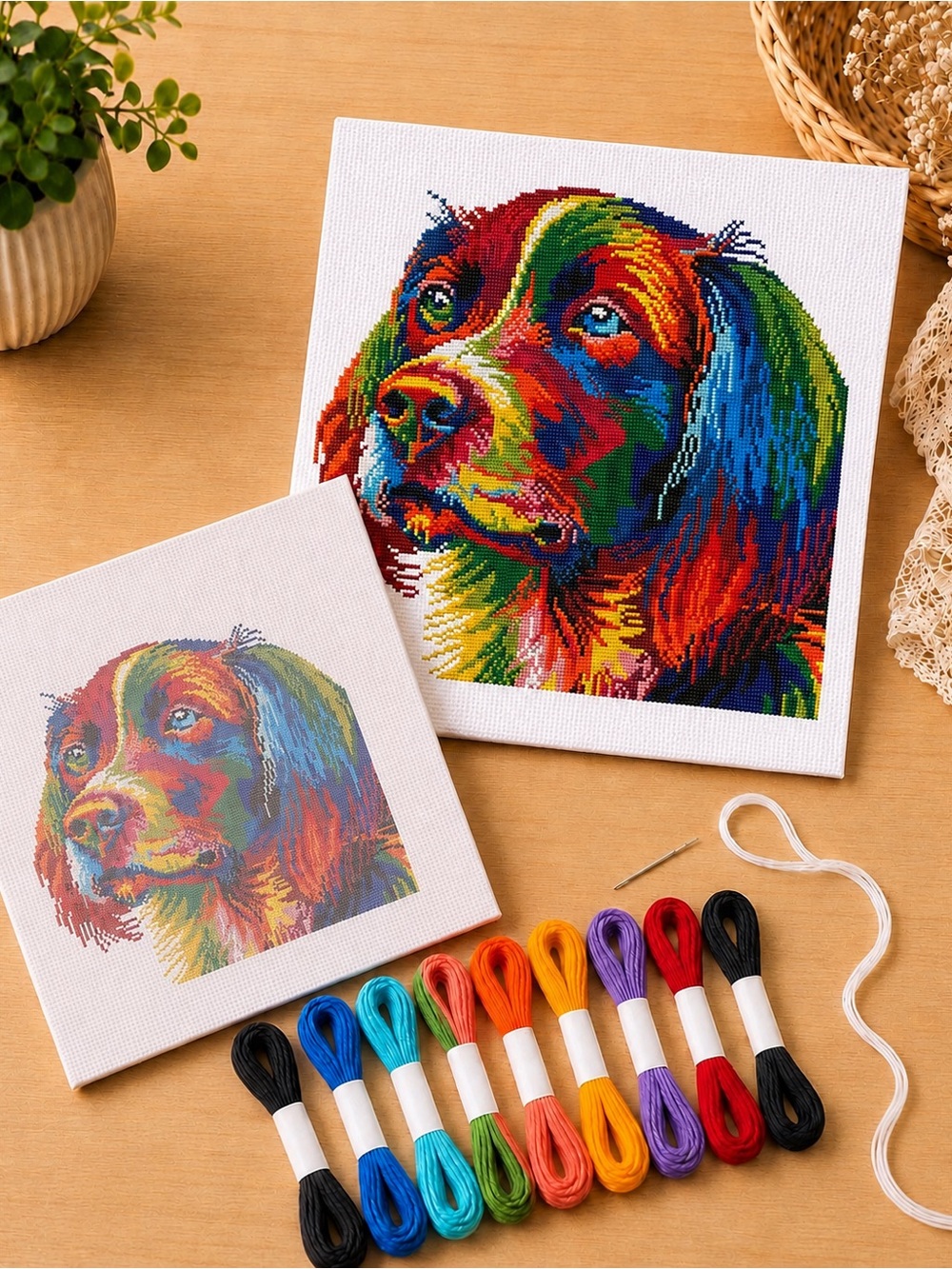 Rainbow Dog Cross Stitch Kit – Stamped Beginner Cross Stitch Kit